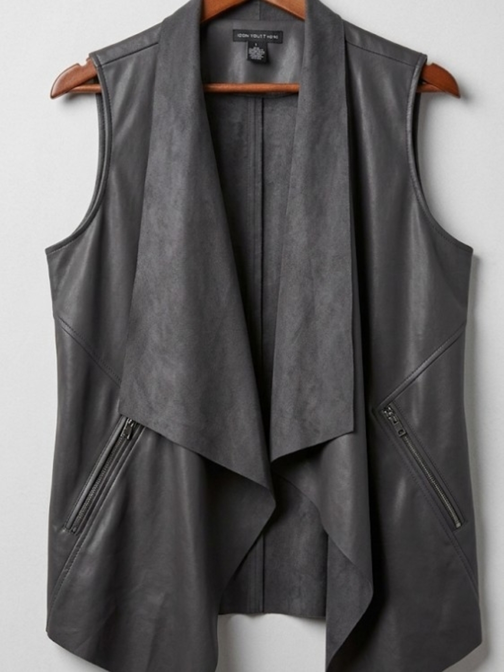 Joan Vass Open Front Draped Faux-Leather Vest - Charcoal Grey (Sz L) Fall Layer